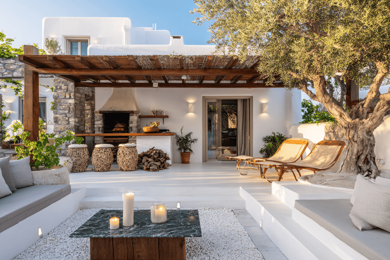 Outdoor lounge with pergola and BBQ zone